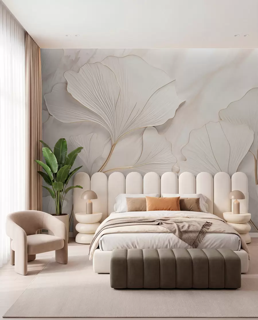 Fotobehang Pastelkleurige bladeren op een marmeren achtergrond in beige tinten w03440v1