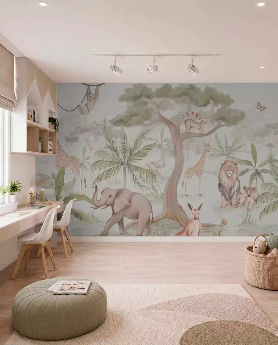 Fotobehang Panorama van jungle met dieren w03444