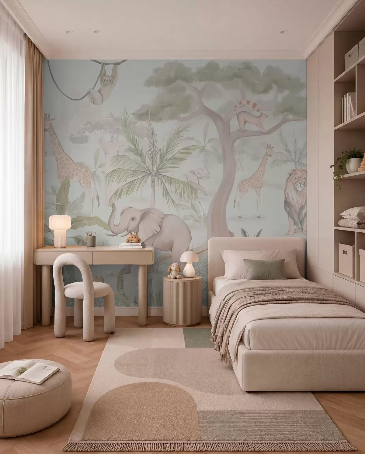 Fotobehang Panorama van jungle met dieren in lichte kleuren w03444v1