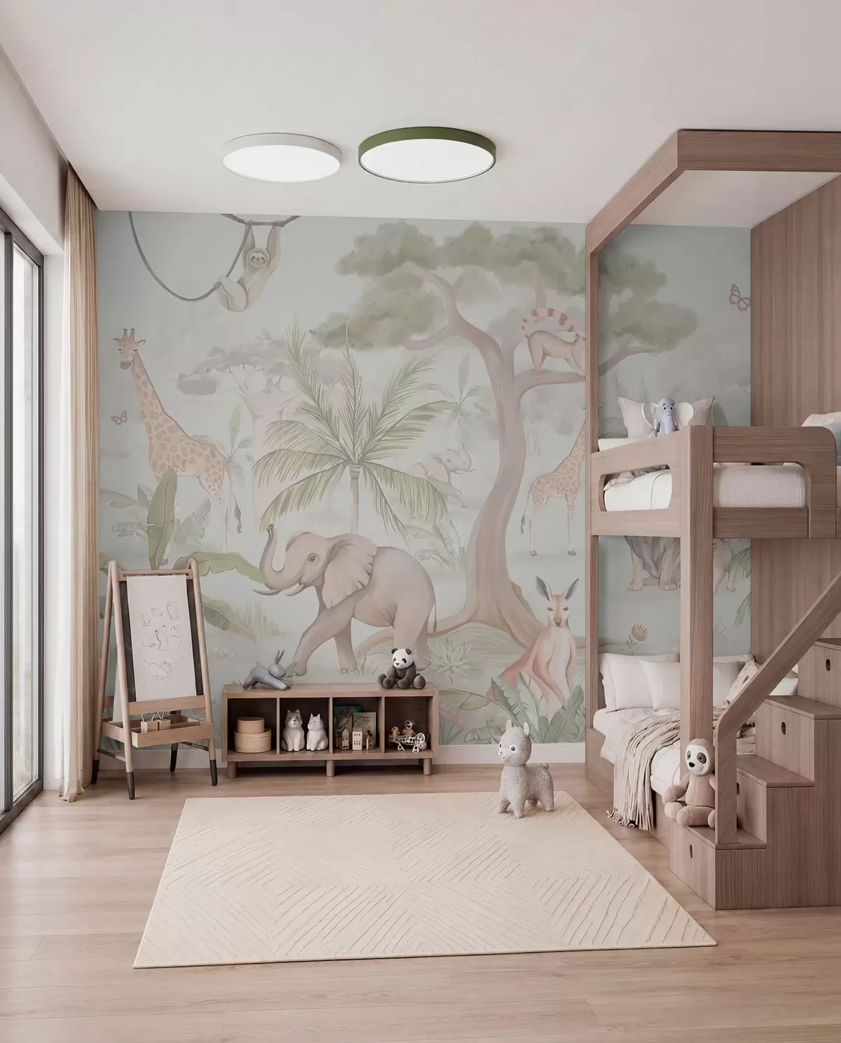 Fotobehang Panorama van jungle met dieren in lichte kleuren w03444v1