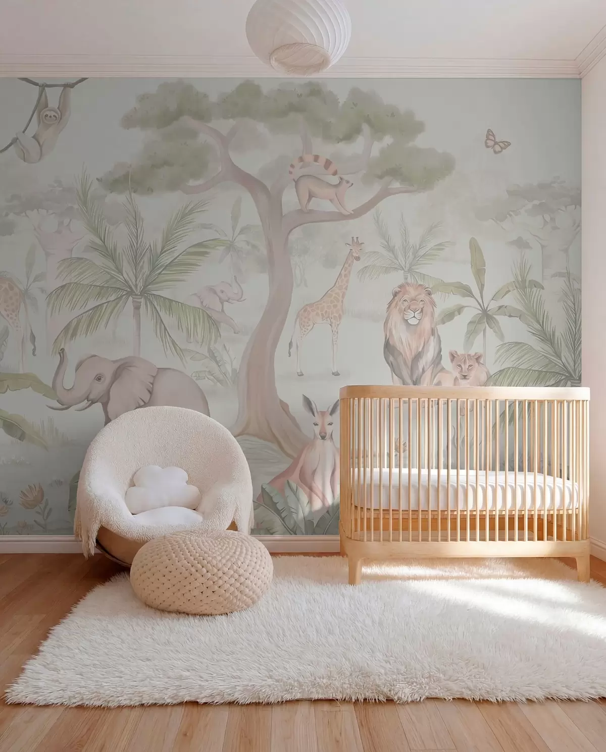 Fotobehang Panorama van jungle met dieren in lichte kleuren w03444v1