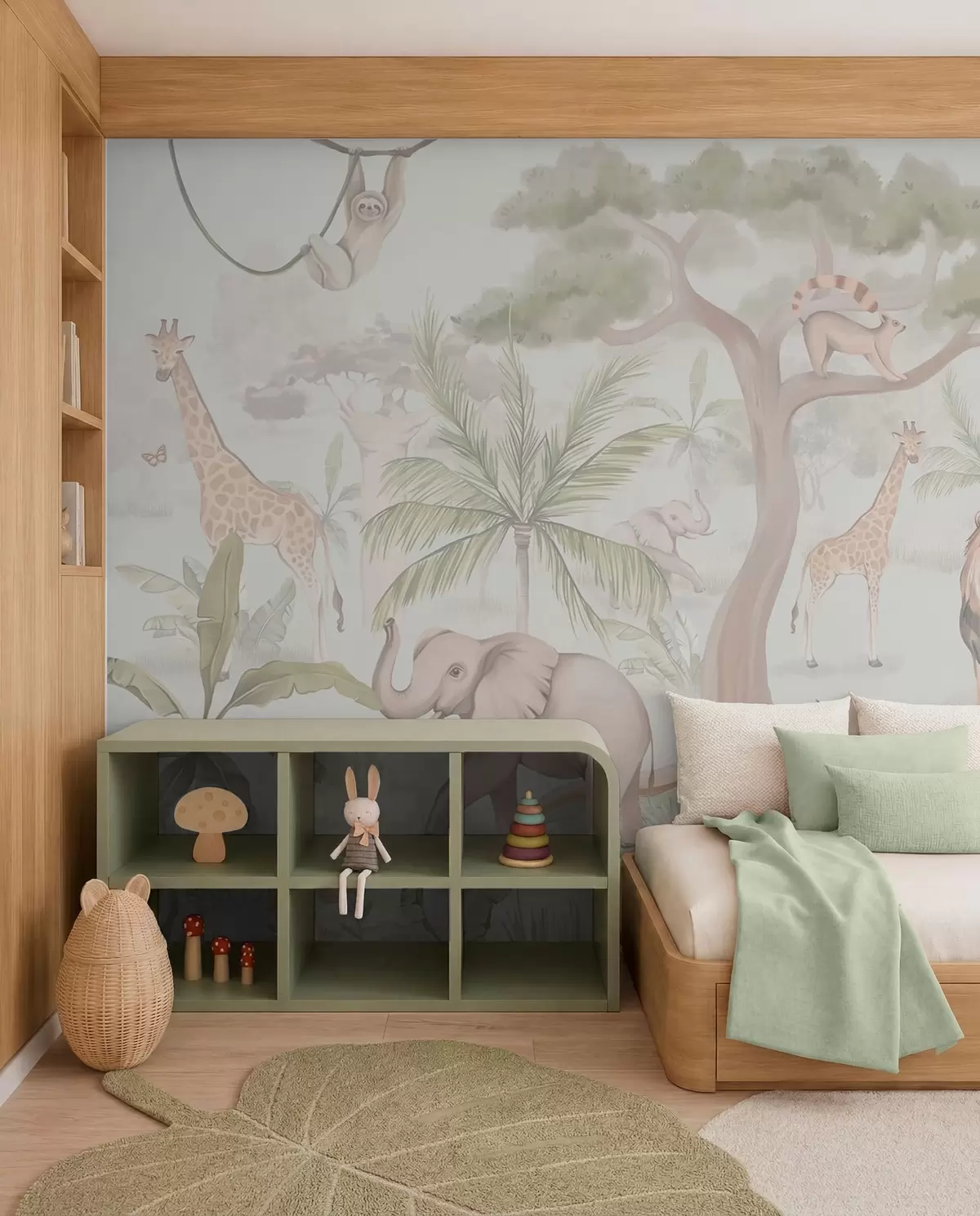 Fotobehang Panorama van jungle met dieren in lichte kleuren w03444v1