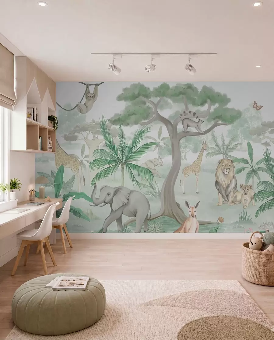 Fotobehang Panorama van jungle met dieren in groene tinten w03444v2