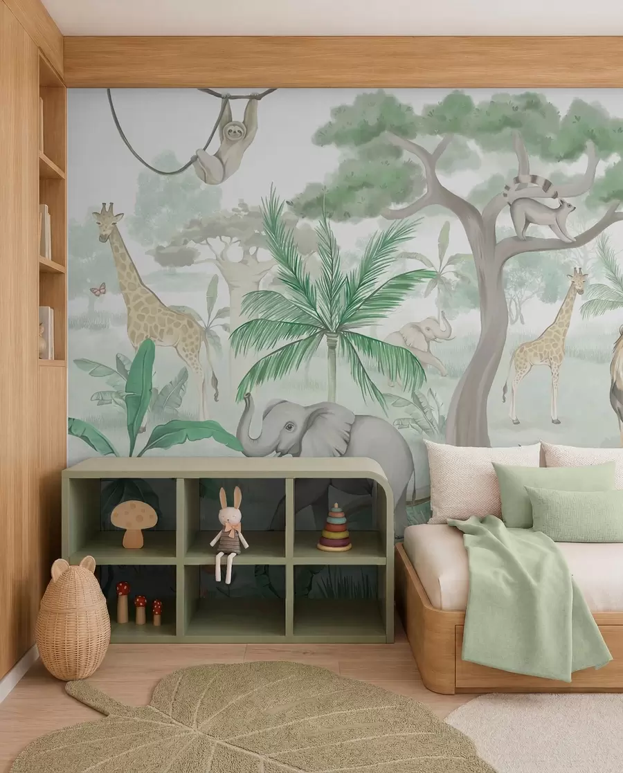 Fotobehang Panorama van jungle met dieren in groene tinten w03444v2