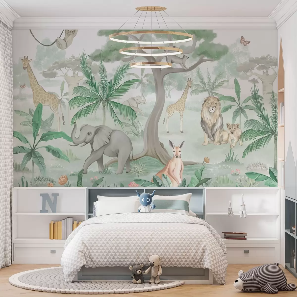 Fotobehang Panorama van jungle met dieren in groene tinten w03444v2