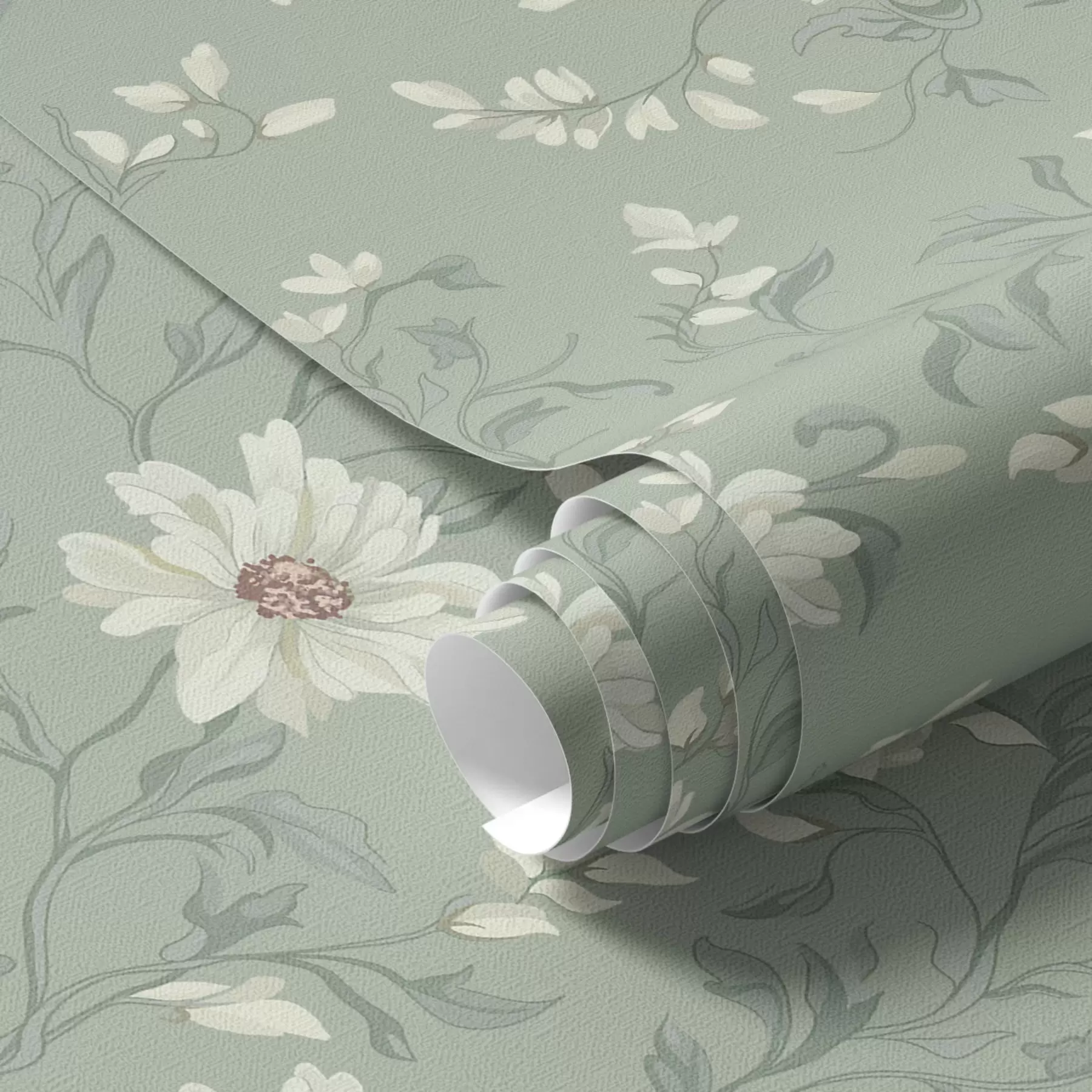 Fotobehang Witte bloemen met wriemelende bladeren a00001