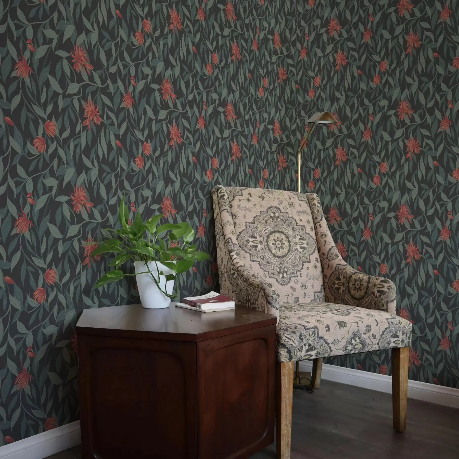 Fotobehang Bungelende takken met rode bloemen a00052v1