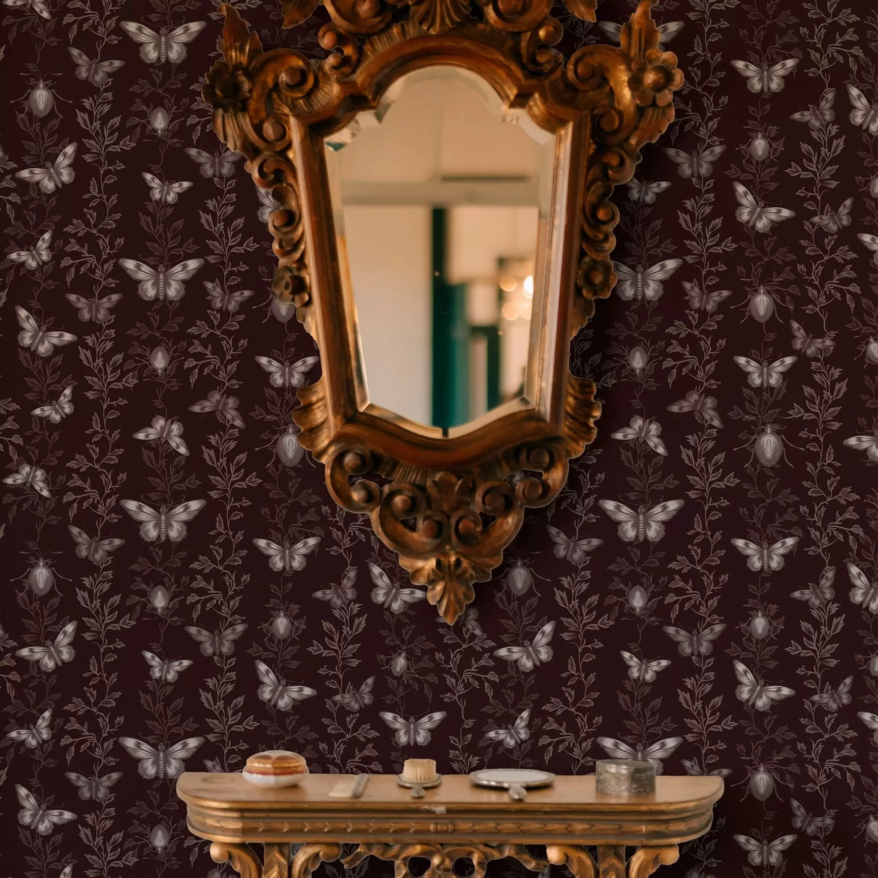 Fotobehang Compositie met vlinders, bladeren en insecten op donkere achtergrond a00073v1