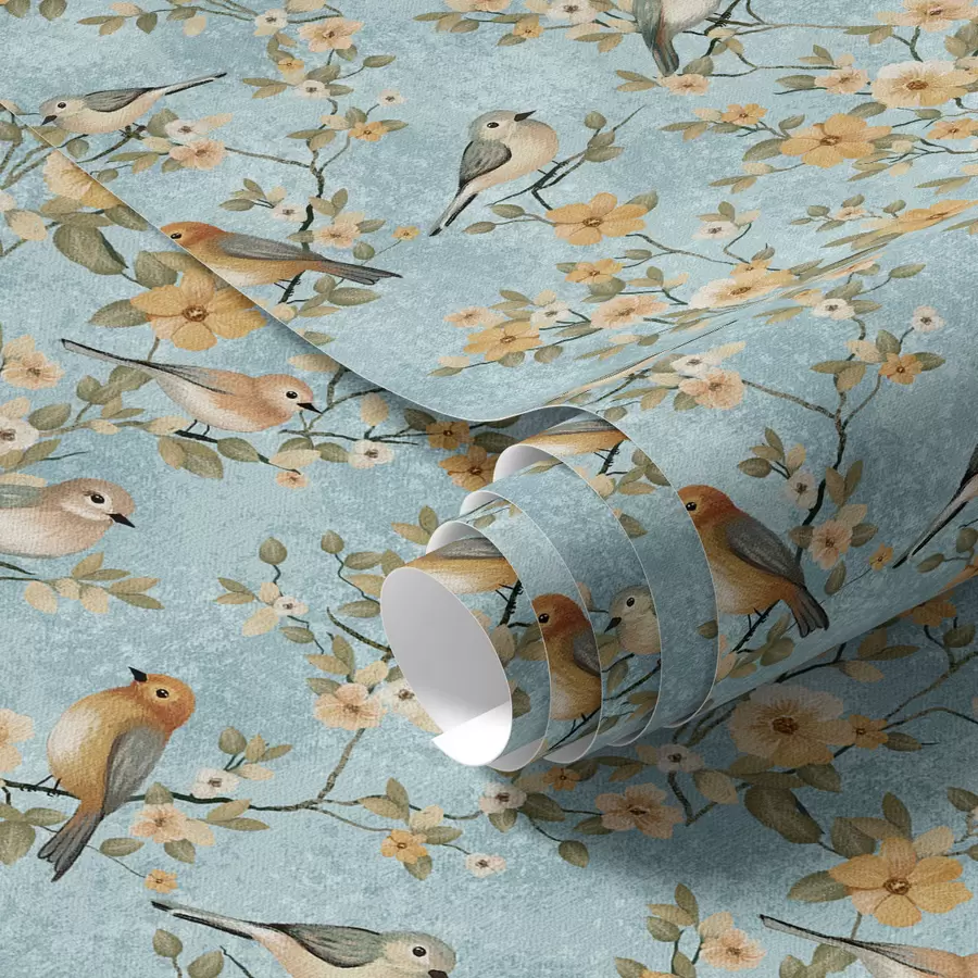 Fotobehang Kleine vogels op takken op blauwe achtergrond a00092