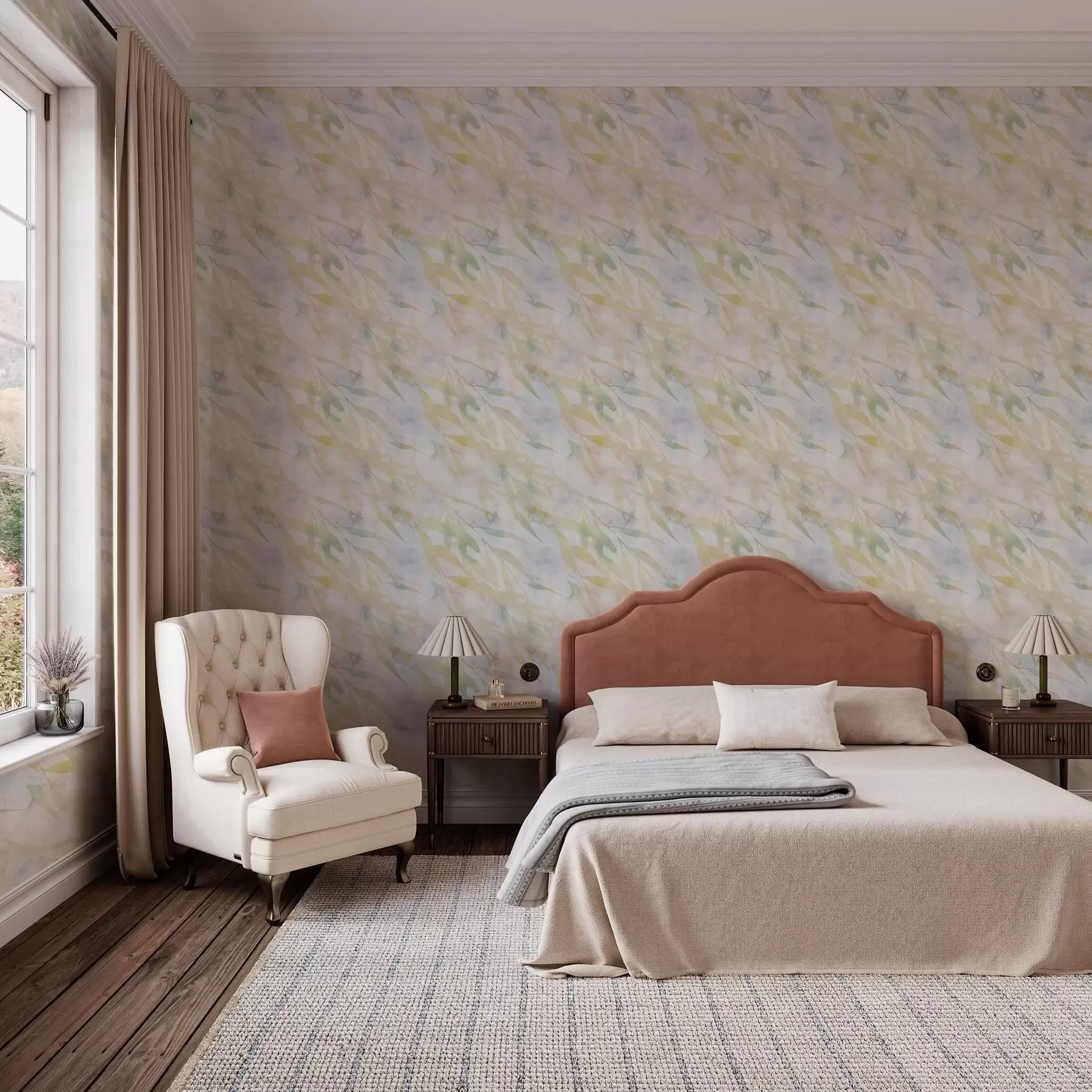 Fotobehang Geelgroene takken met bladeren in de wind a00097