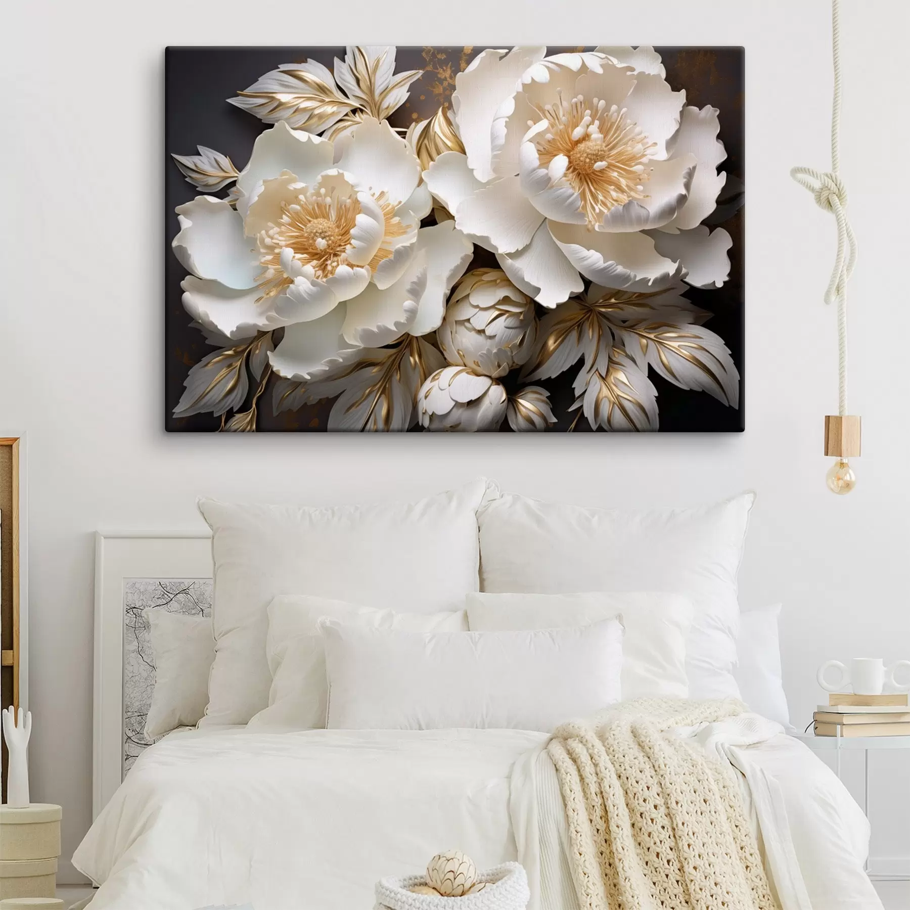 Fotobehang Witte en gele pioenrozen met bladeren, ingewikkelde details, decoratieve kunst, donkere achtergrond s43399