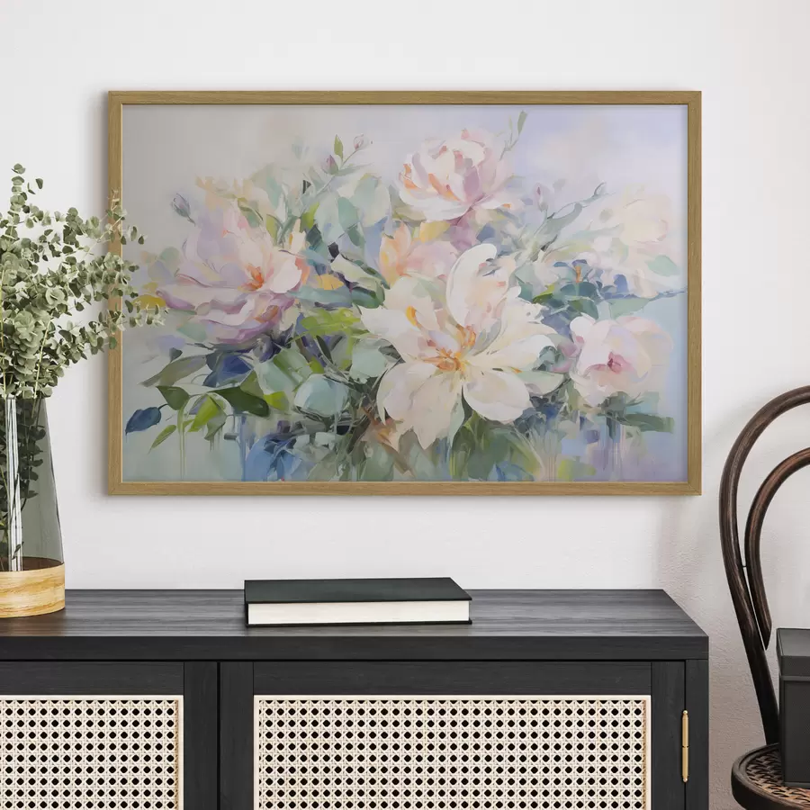 Fotobehang Een bloemstuk met pastelkleurige bloemen met blauwe bladeren, olieverfschilderij imitatie f43390