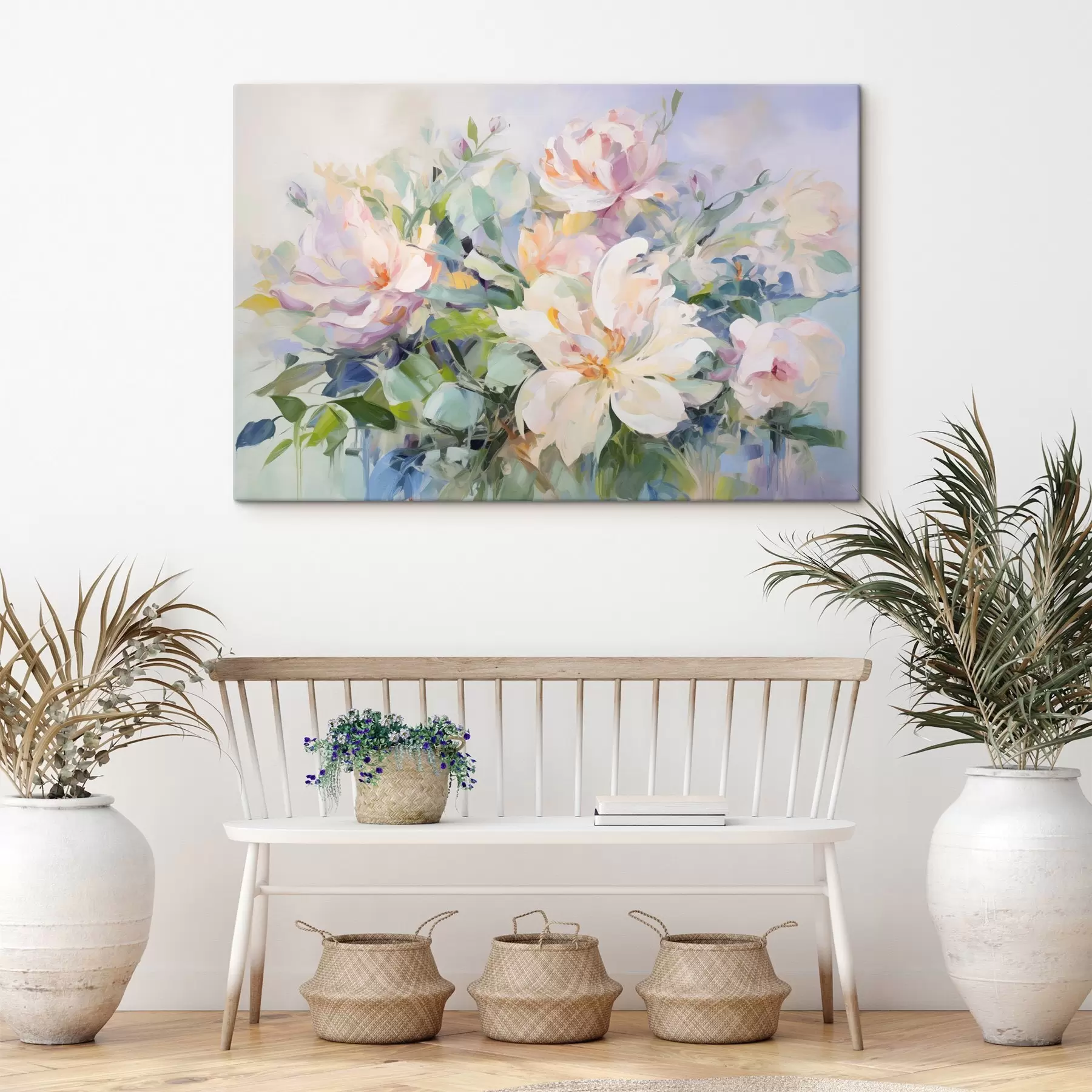  Schilderijen Een bloemstuk met pastelkleurige bloemen met blauwe bladeren, olieverfschilderij imitatie s43390