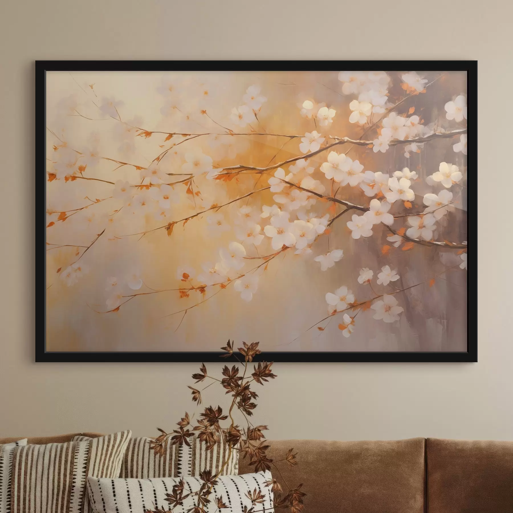 Fotobehang Kersenbloesemtakken met oranje bloemen, warm kleurenpalet, tegen een vage achtergrond van gele tinten f43407