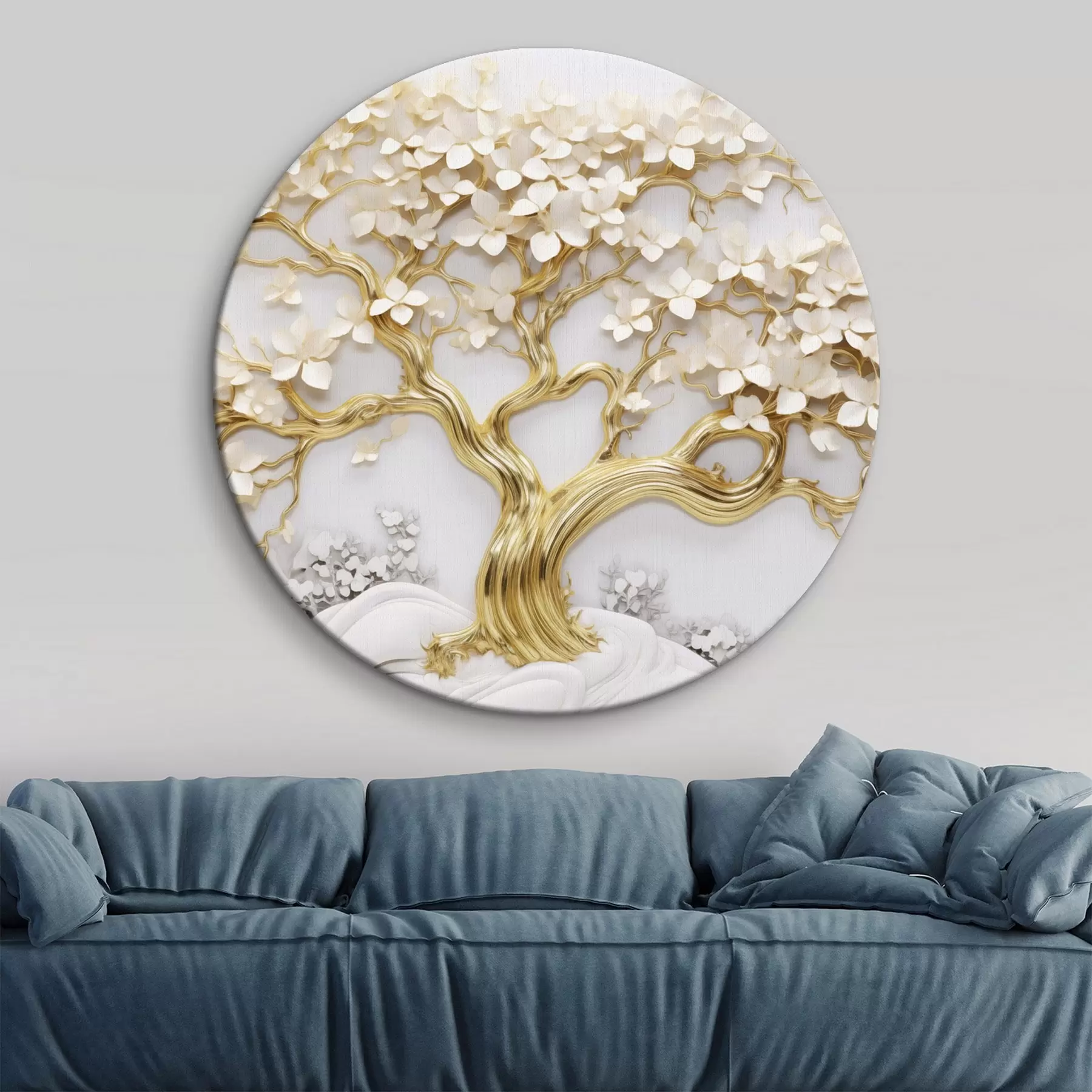  Schilderijen Decoratieve boom met witte bloemen, witte achtergrond, witte rotsen, ingewikkelde details, op de natuur geïnspireerde kunst r43388