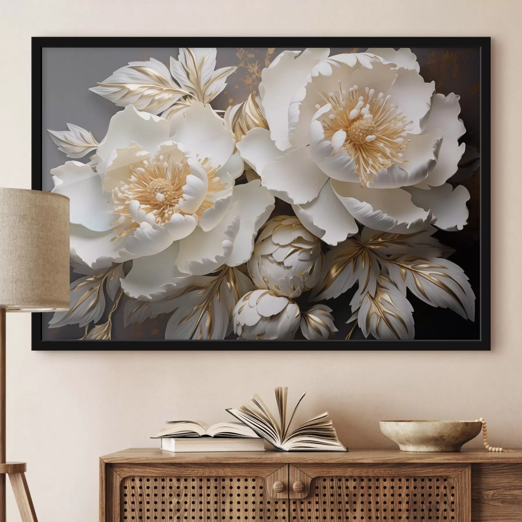 Fotobehang Witte en gele pioenrozen met bladeren, ingewikkelde details, decoratieve kunst, donkere achtergrond f43399