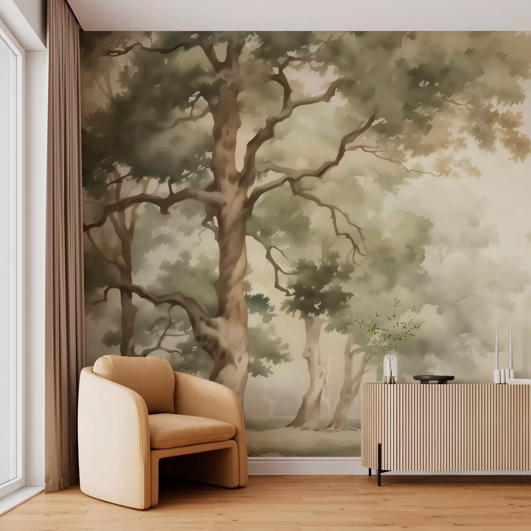 Fotobehang Eikenbos imitatie van vage aquarel w03465