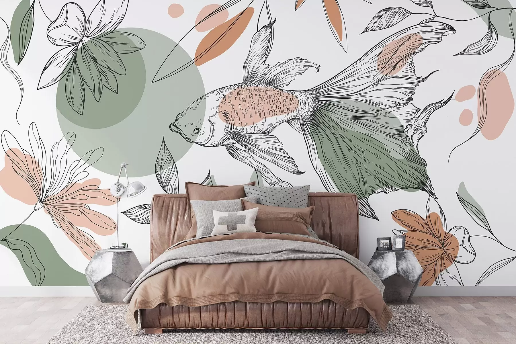 Fotobehang Lijntekening vis met bloemen, minimalisme, marine, bloemen, natuurlijke kleuren w03448