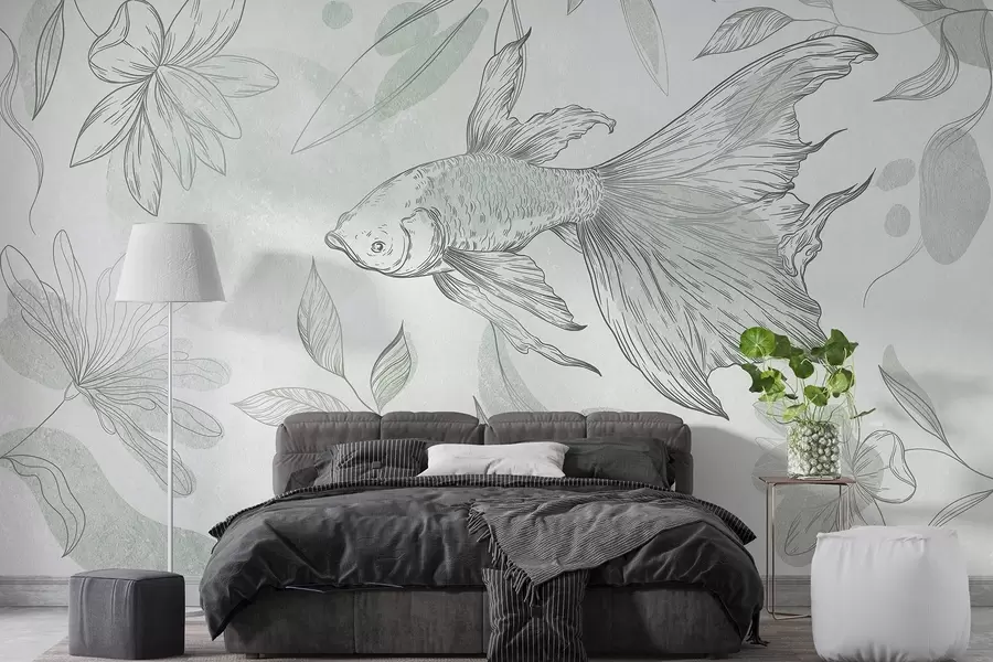 Fotobehang Vis met bloemenelementen, groene achtergrond, lijntekening w03517v1