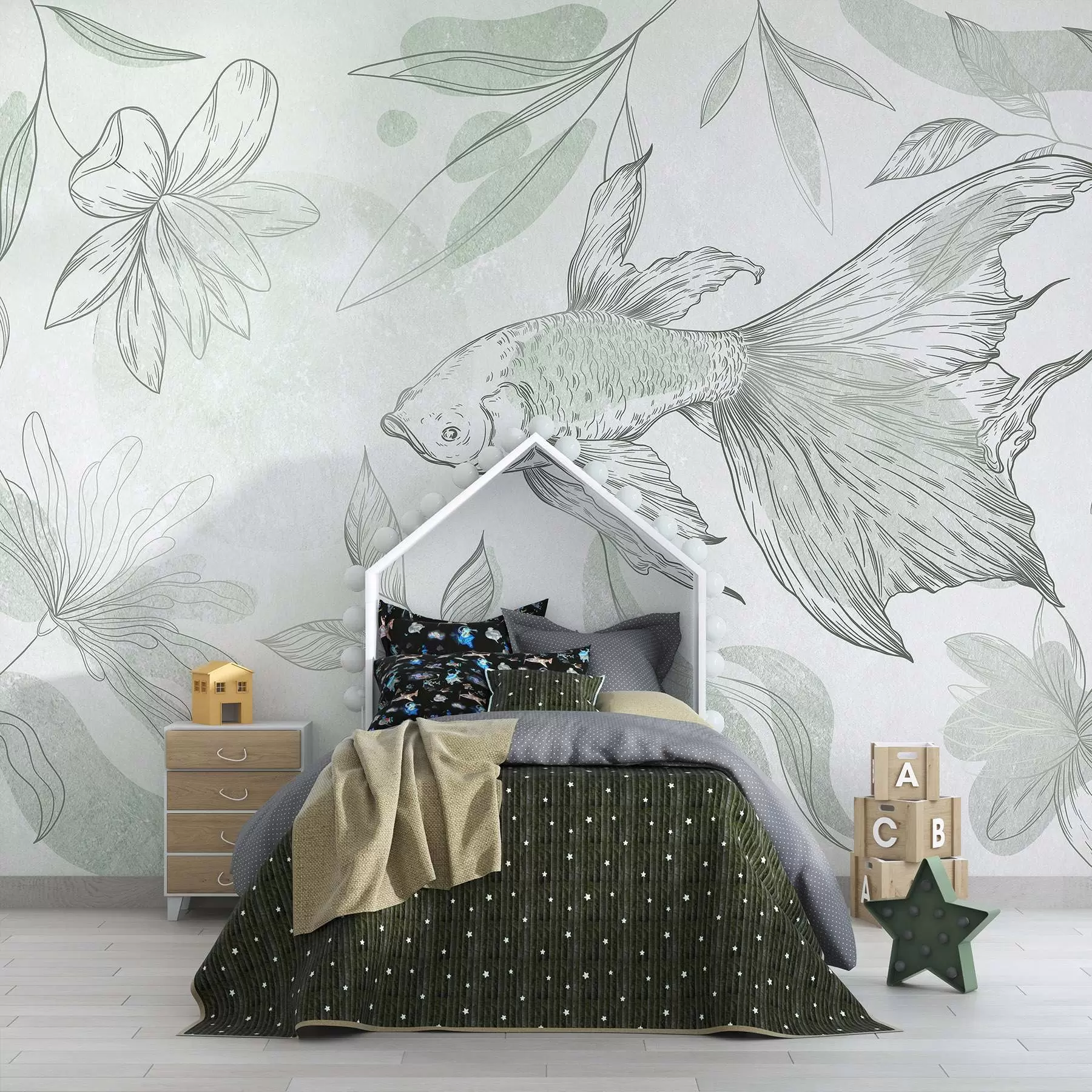 Fotobehang Vis met bloemenelementen, groene achtergrond, lijntekening w03517v1