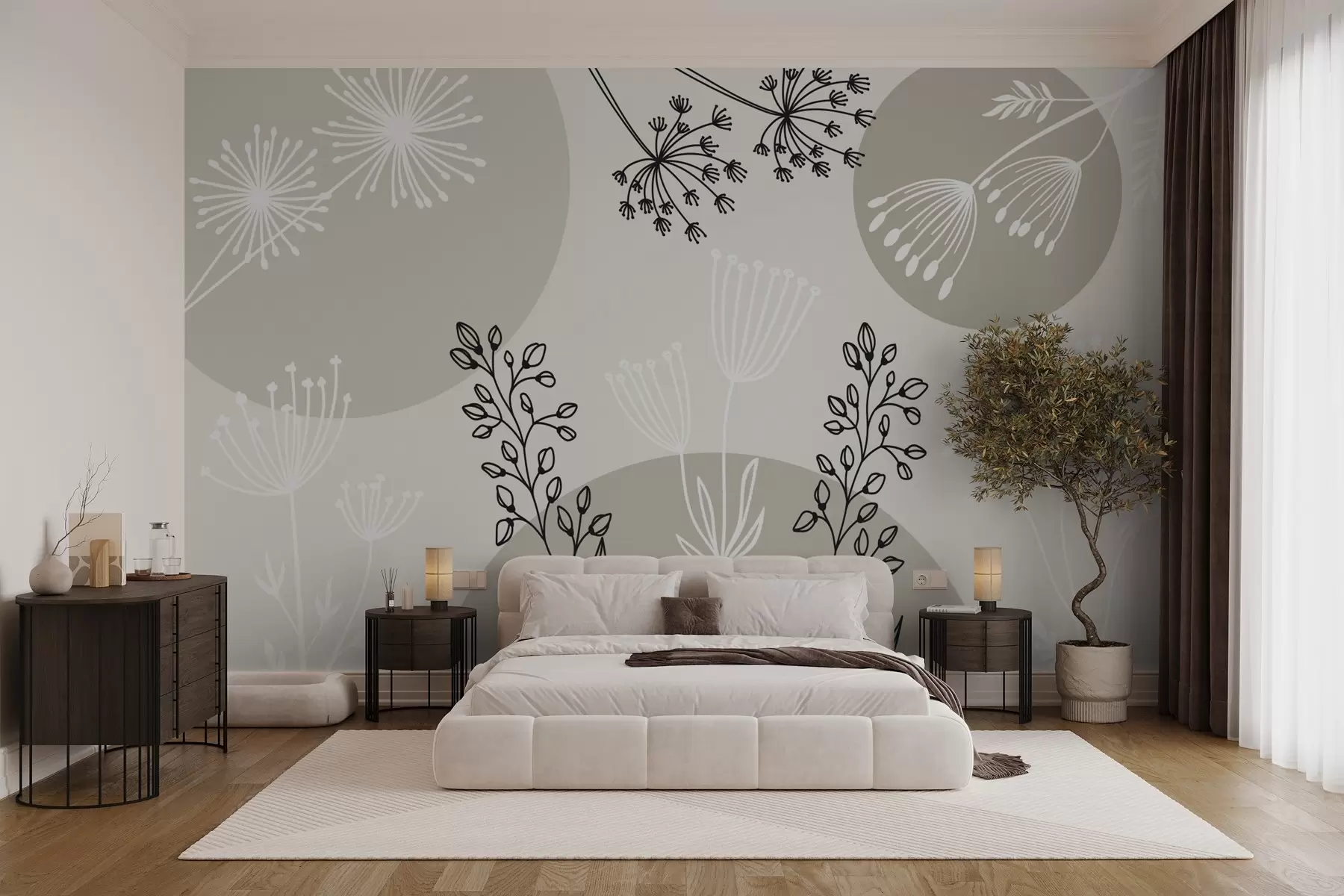 Fotobehang Abstractie met cirkels en planten in groene tinten w03483v1