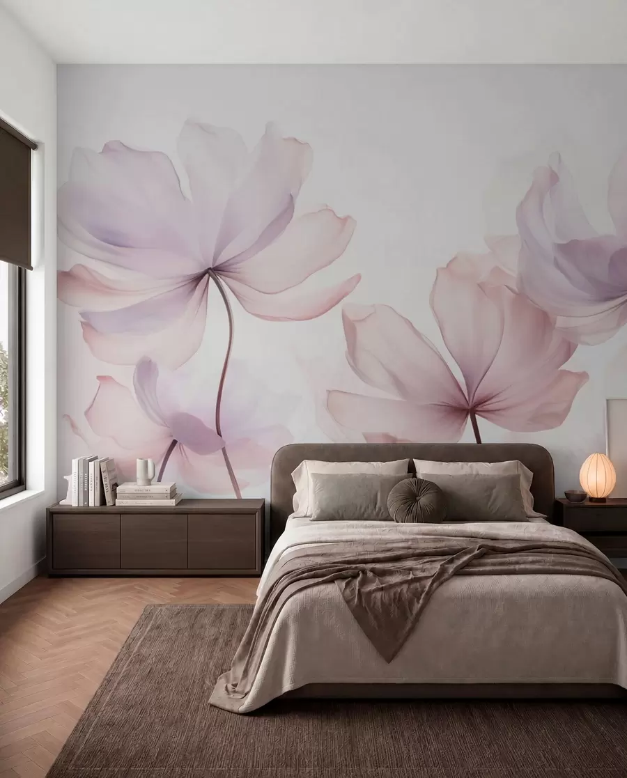 Fotobehang Bloeiende bloemen in zachtroze tinten w03521