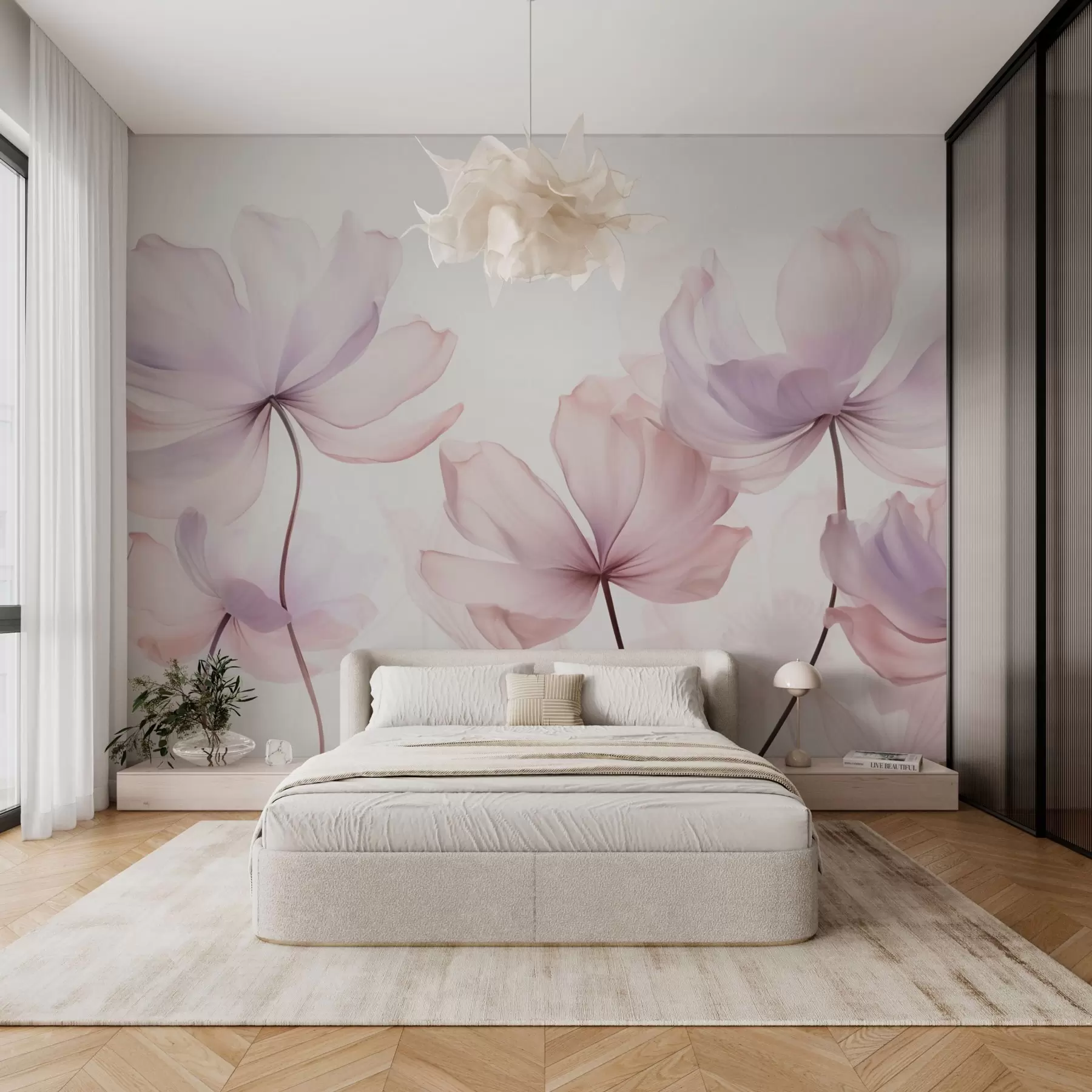 Fotobehang Bloeiende bloemen in zachtroze tinten w03521