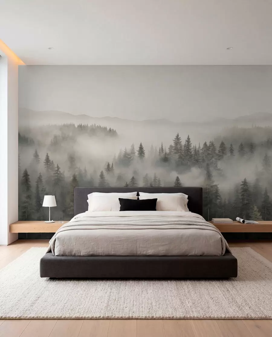 Fotobehang Mistig naaldbos w03524