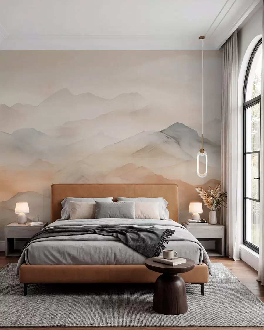 Fotobehang Nevelige bergen in zachte kleuren w03535