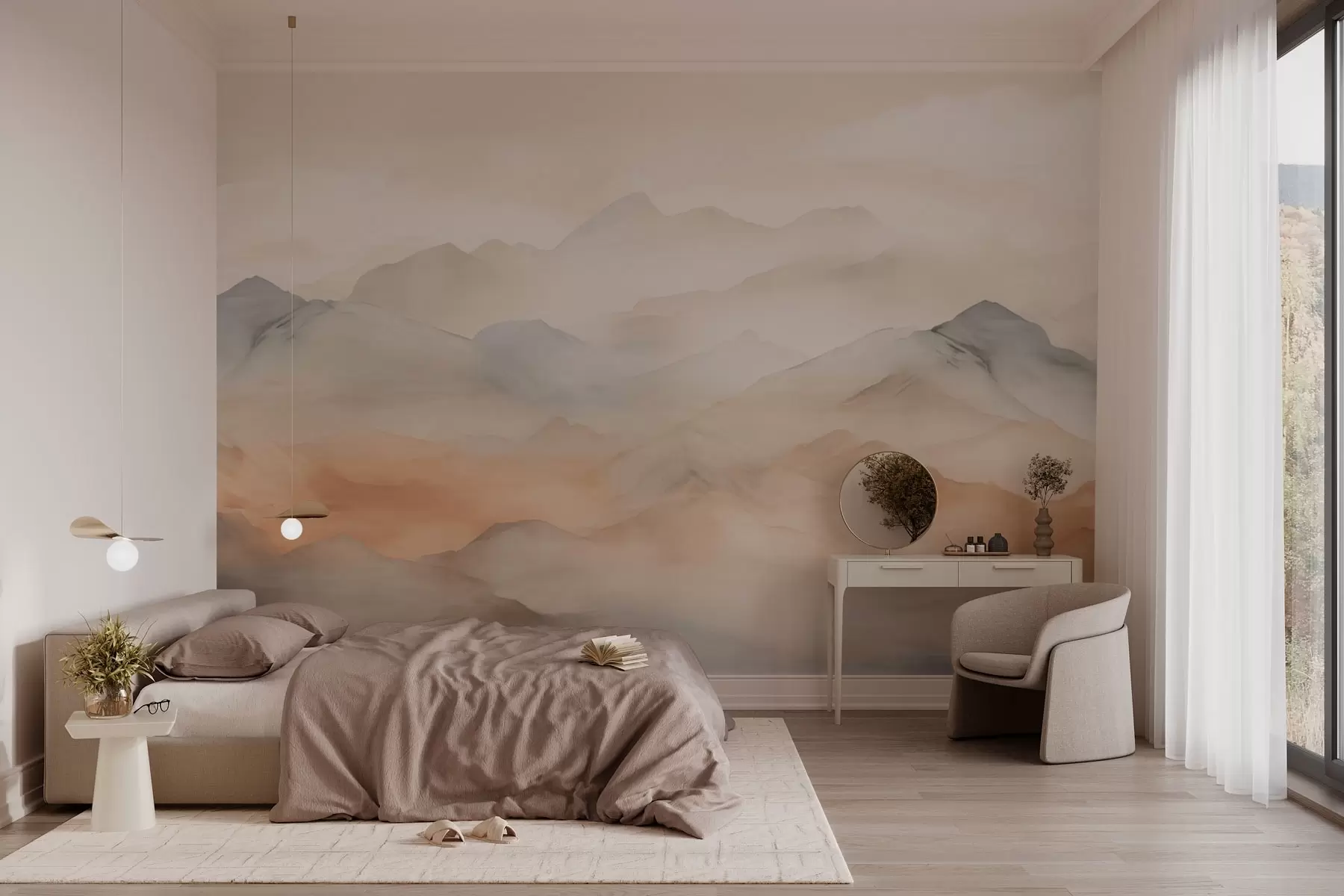Fotobehang Nevelige bergen in zachte kleuren w03535