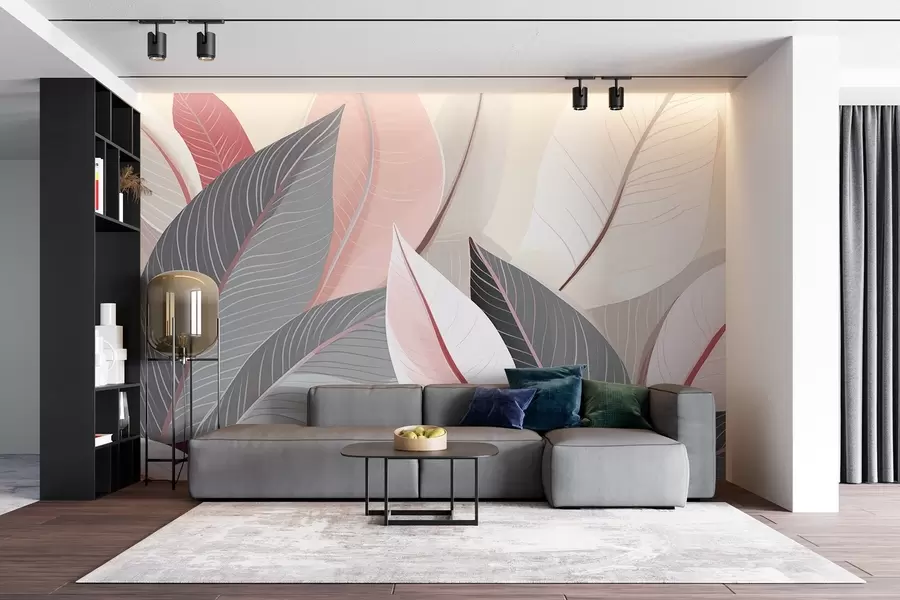 Fotobehang Close-up van bladeren in grijze en roze tinten w08944v1