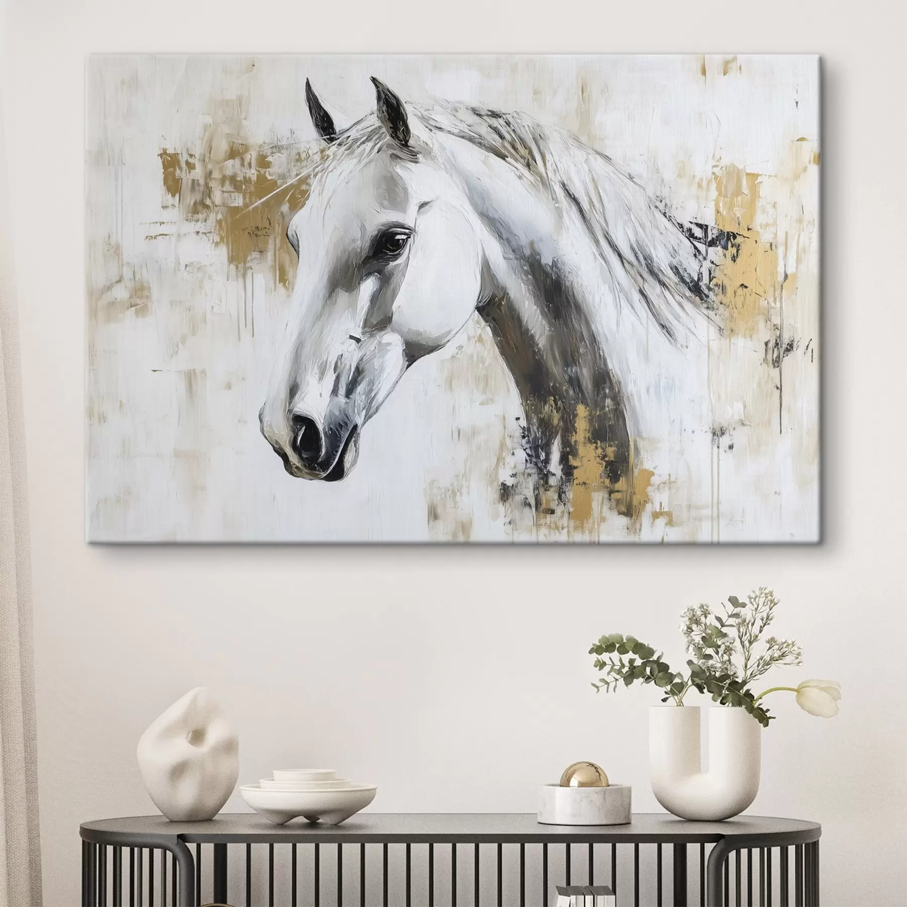 Fotobehang Wit paard, olieverf tekening, dieren, levendige penseelstreken s43497