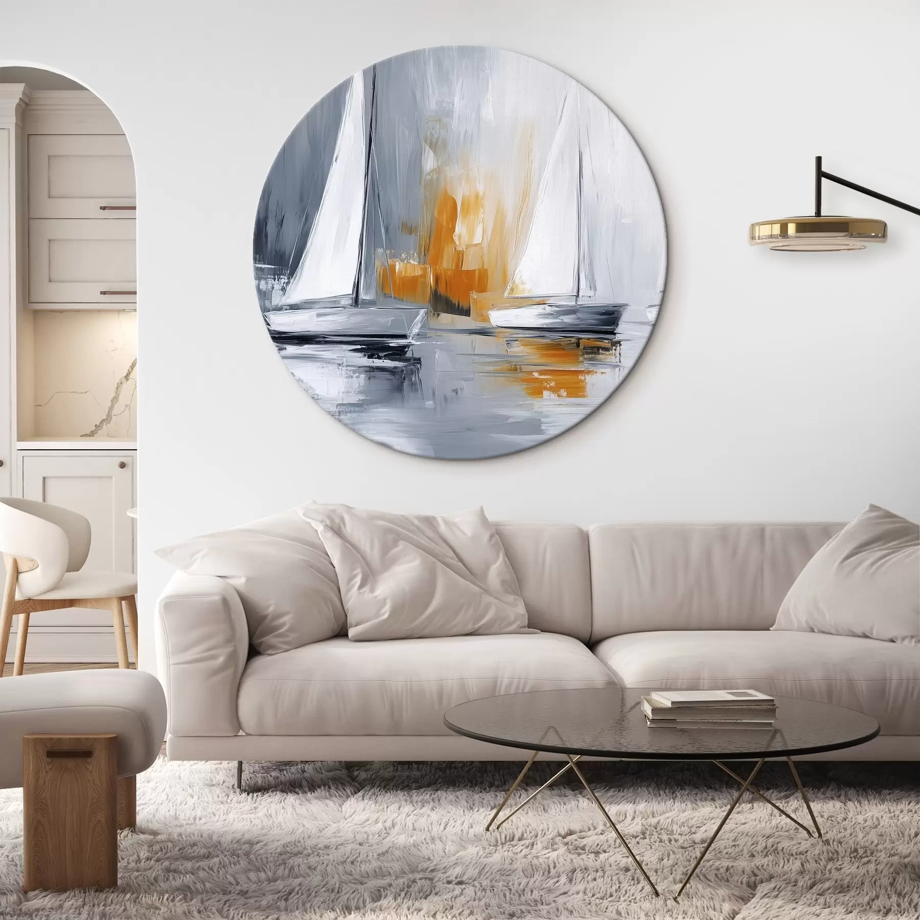  Schilderijen Zeilboten, abstractie, acrylstijl tekening, grijs en oranje r43499