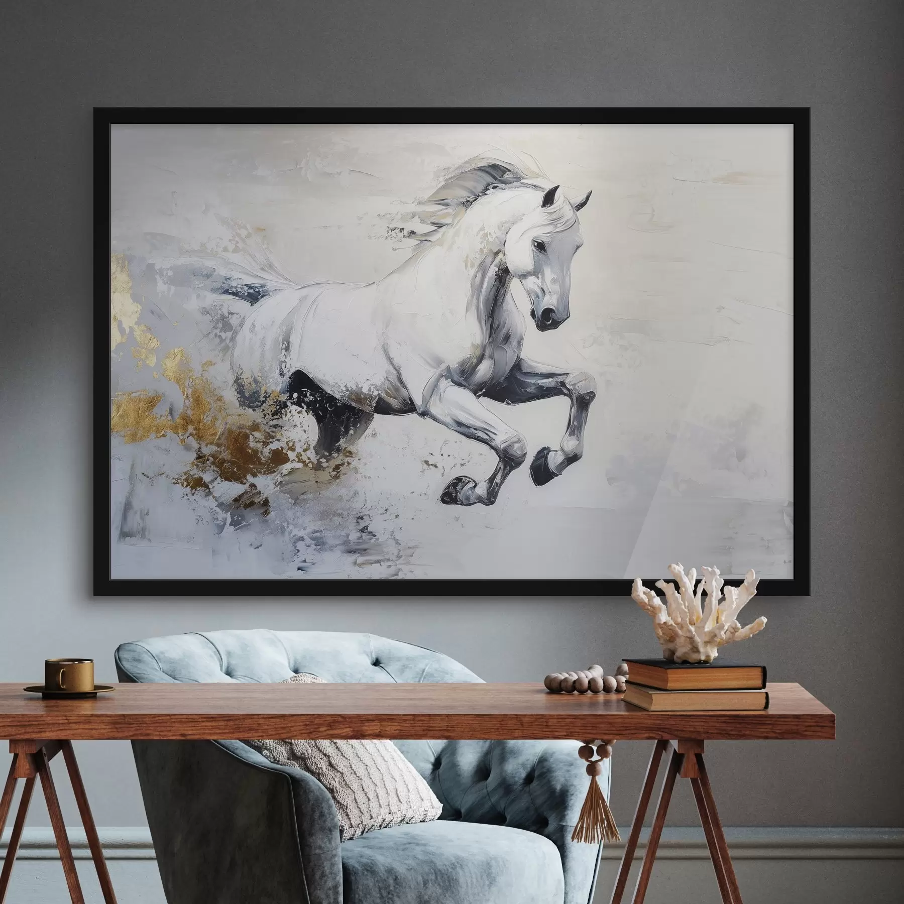 Schilderijen Lopend wit paard, olieverf tekening, dieren f43498