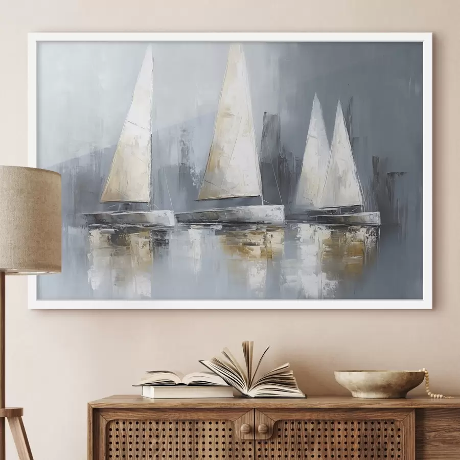 Fotobehang Zeilboten met reflecties in het water, olieverf tekening, grijze kleuren f43506