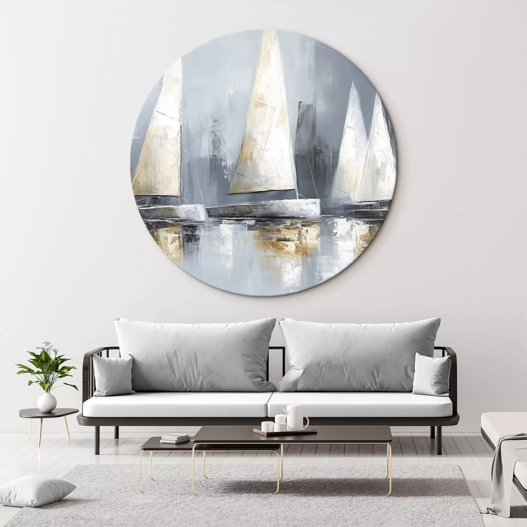  Schilderijen Zeilboten met reflecties in het water, olieverf tekening, grijze kleuren r43506