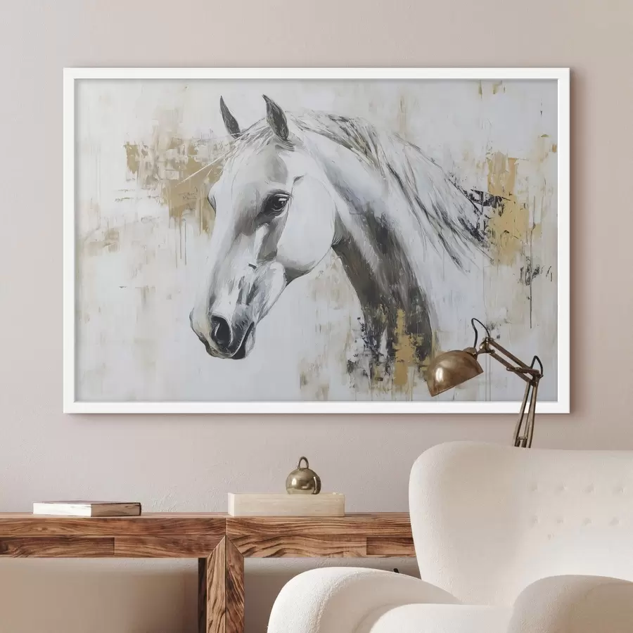 Fotobehang Wit paard, olieverf tekening, dieren, levendige penseelstreken f43497