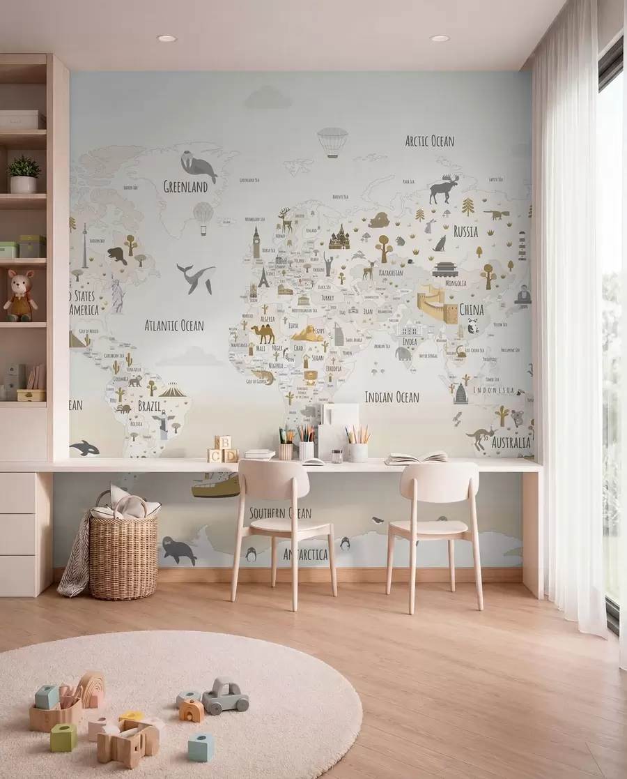 Fotobehang Wereldkaart met dieren en oriëntatiepunten w03410v1