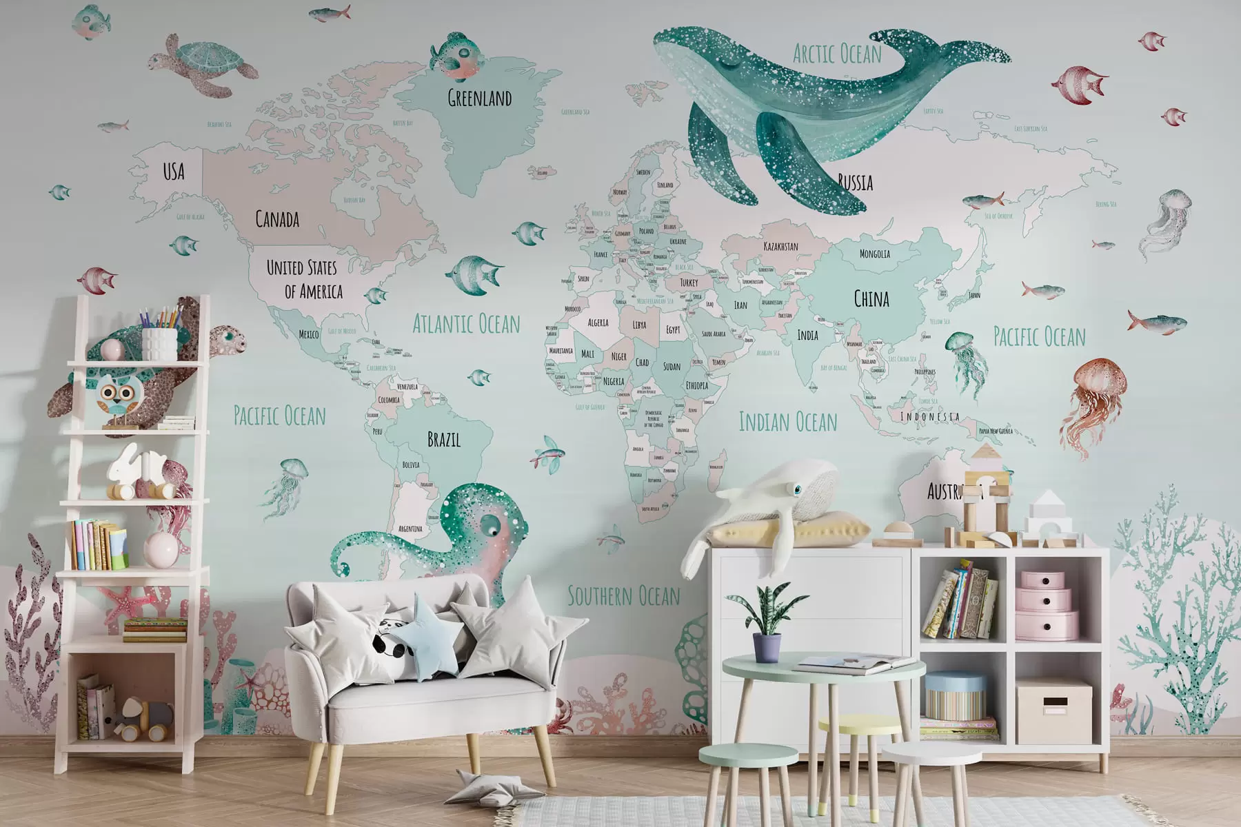 Fotobehang Onderwaterwereld met wereldkaart w03526v2