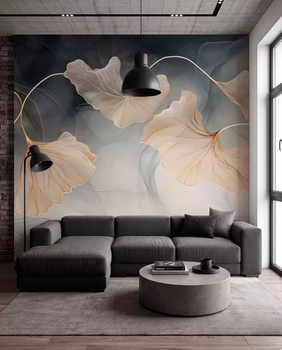 Fotobehang Ginkgo in antraciet en goud w03511