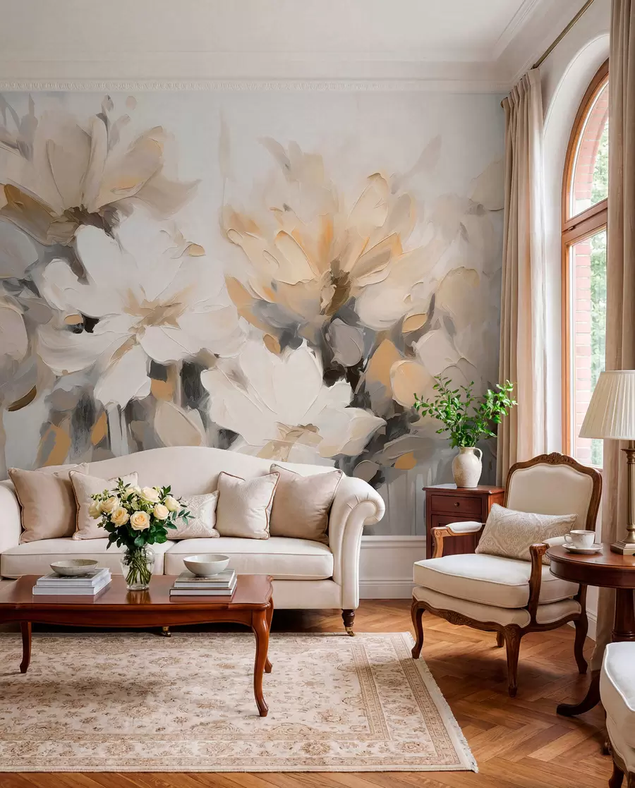 Fotobehang Geschilderde bloemen in crème w03575v1