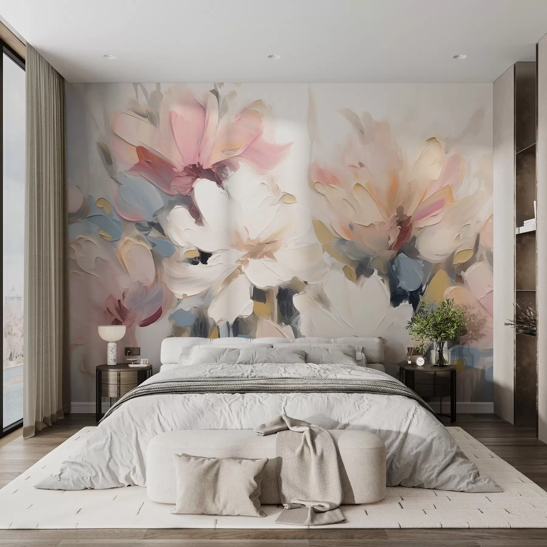 Fotobehang Abstracte bloemen in olieverfstijl in zachte tinten w03575