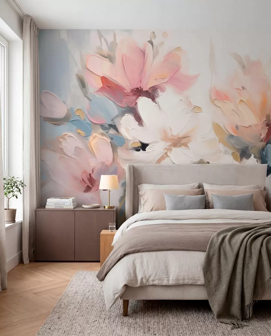 Fotobehang Abstracte bloemen in olieverfstijl in zachte tinten w03575
