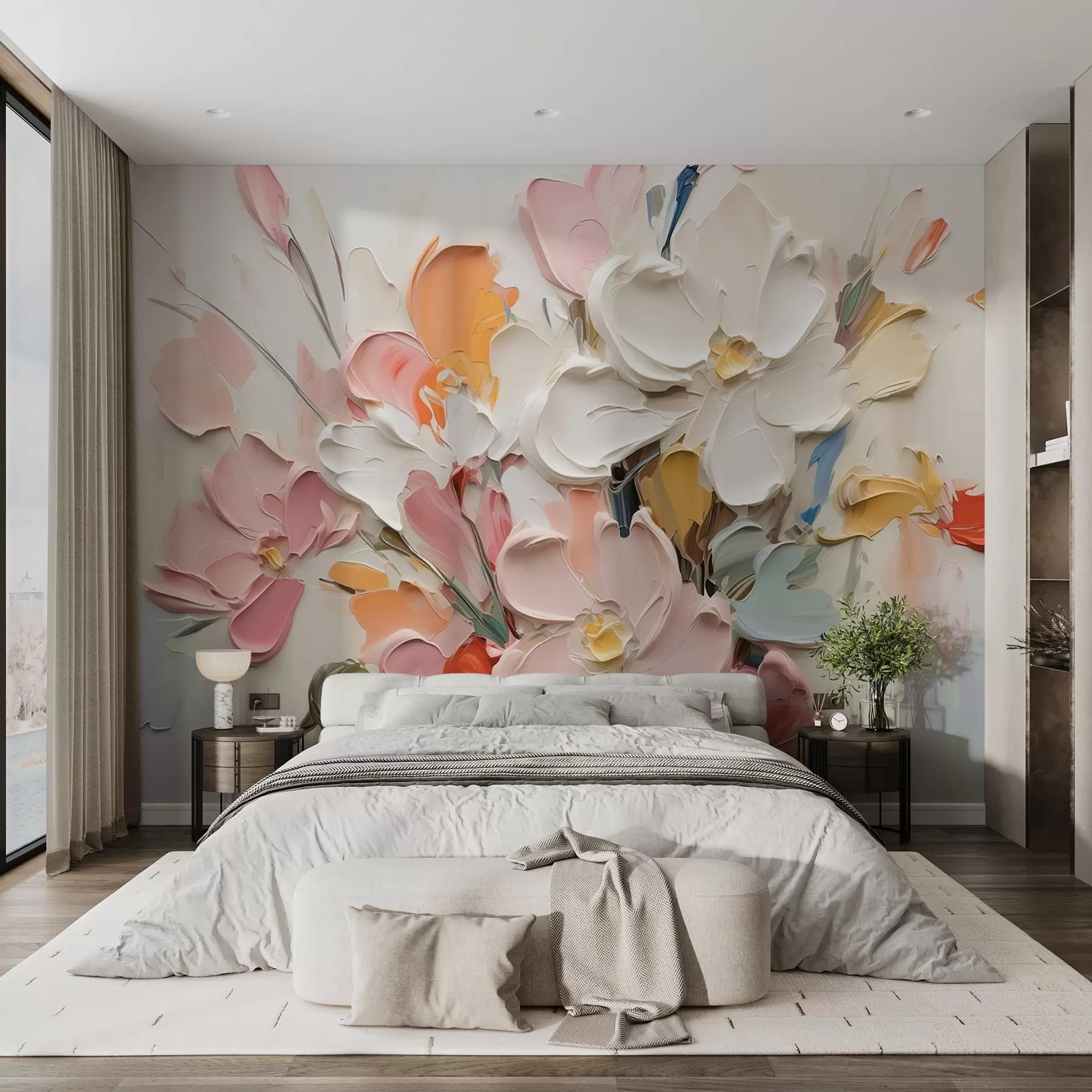 Fotobehang Abstracte volumetrische bloemen in olieverfstijl w03582