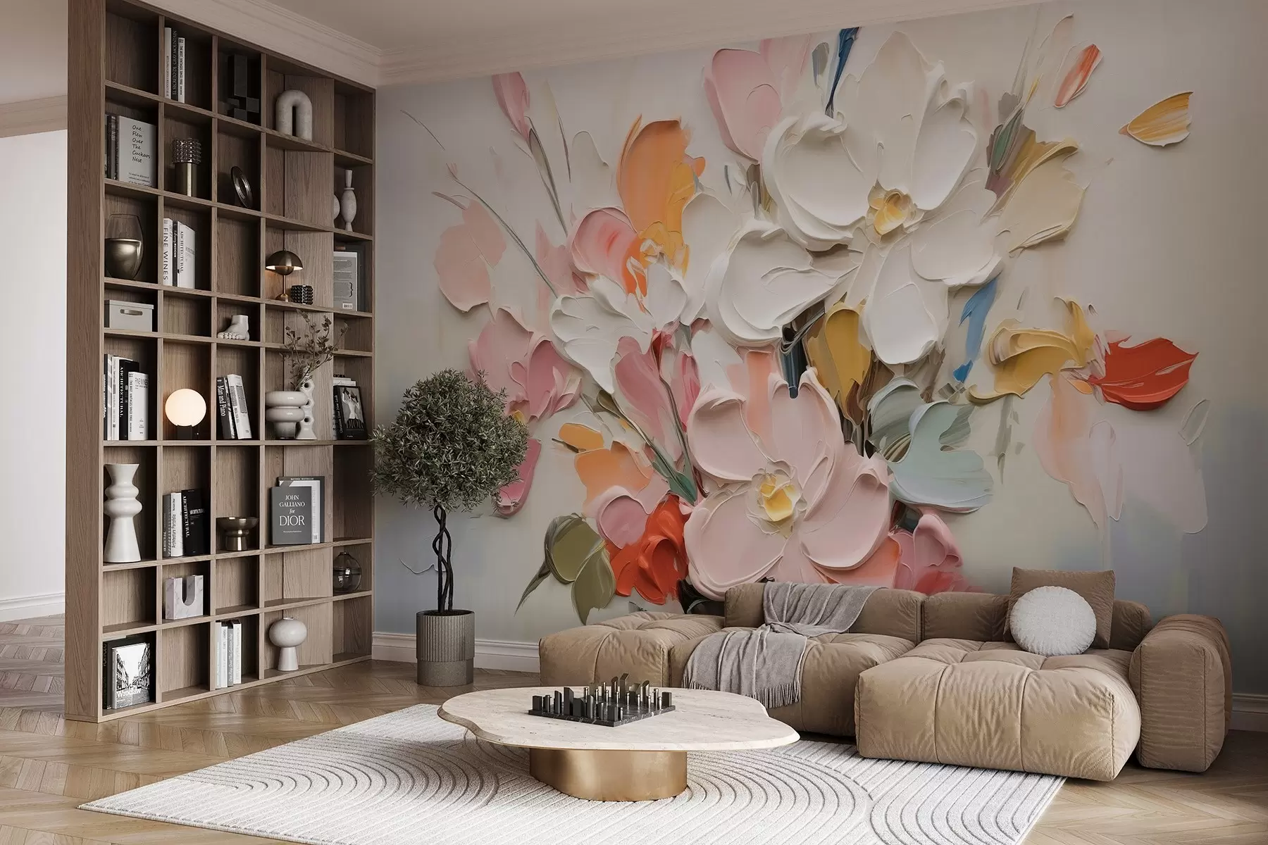 Fotobehang Abstracte volumetrische bloemen in olieverfstijl w03582