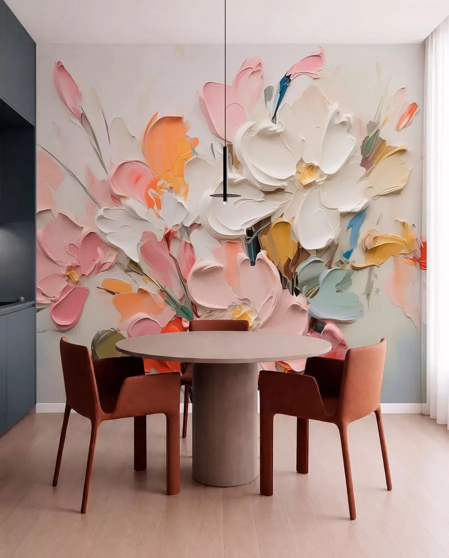 Fotobehang Abstracte volumetrische bloemen in olieverfstijl w03582