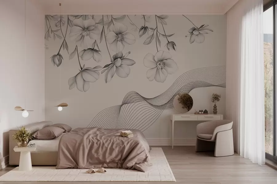 Fotobehang grafische bloemen en lijnen op een lichte achtergrond w03454