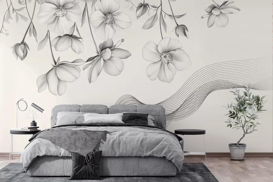 Fotobehang grafische bloemen en lijnen op een lichte achtergrond w03454