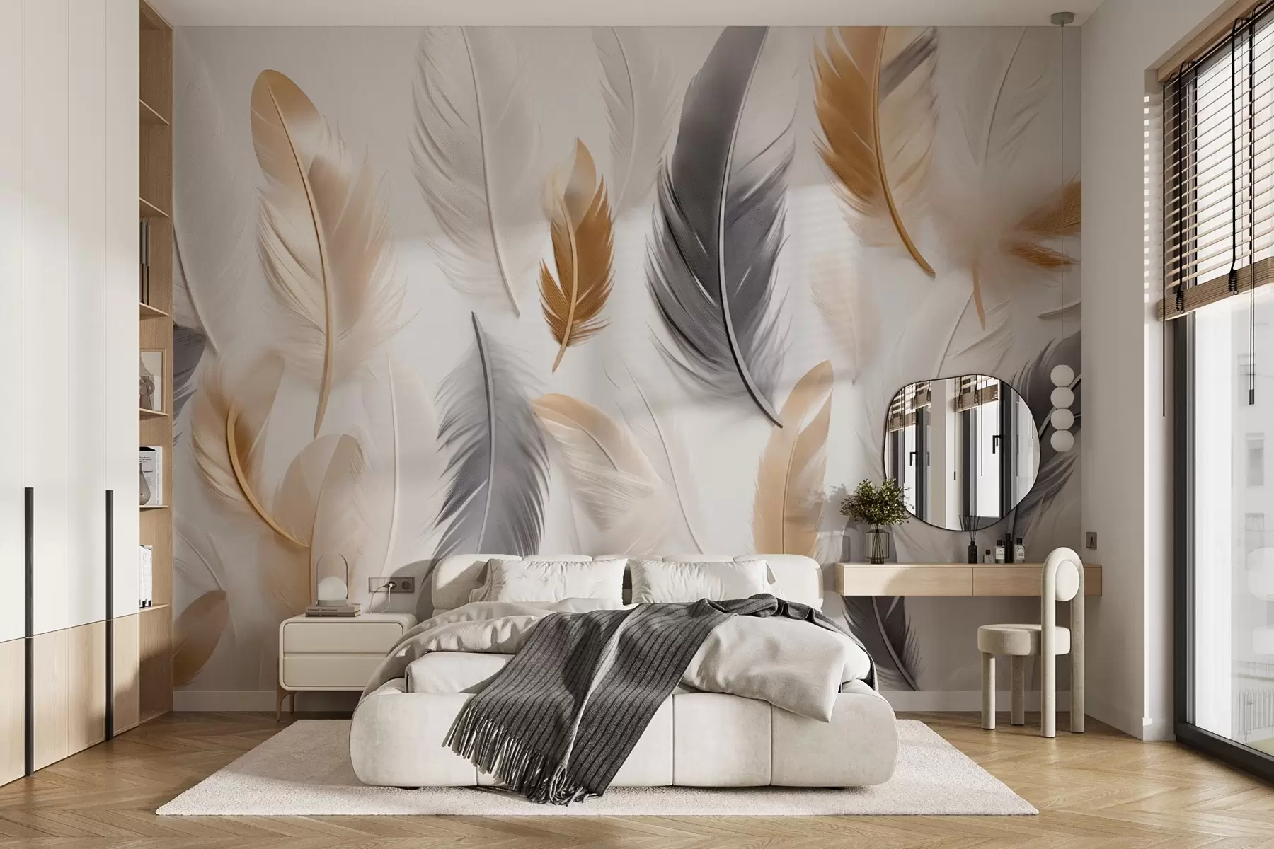 Fotobehang Beige-grijze veren in zachte, rustige tinten w08955