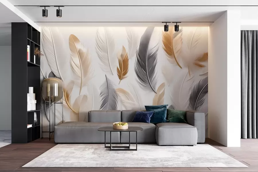 Fotobehang Beige-grijze veren in zachte, rustige tinten w08955